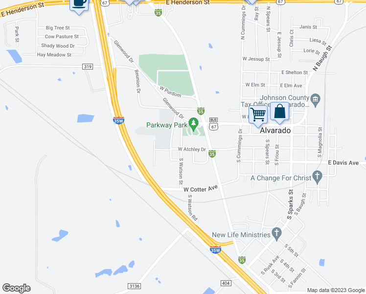 map of restaurants, bars, coffee shops, grocery stores, and more near 113 South Watson Street in Alvarado
