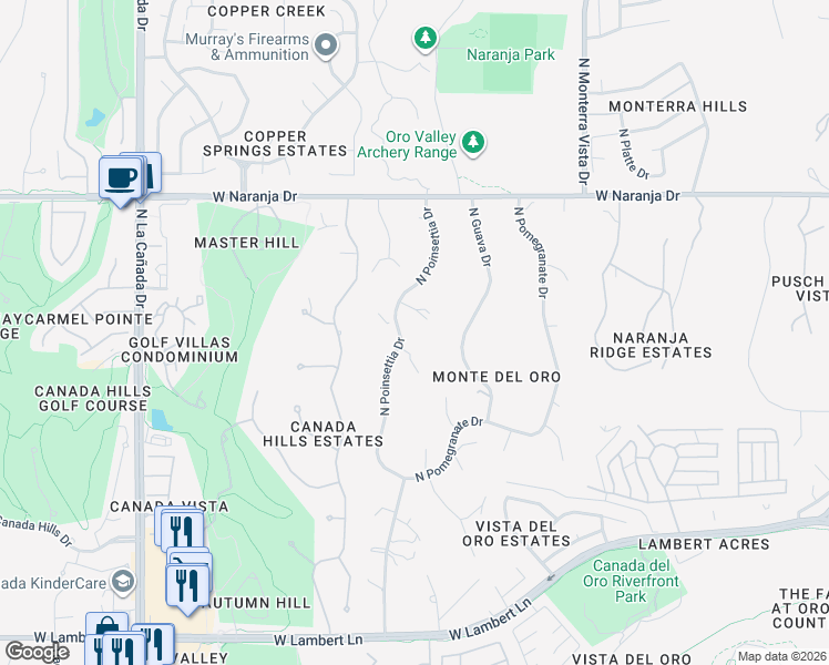 map of restaurants, bars, coffee shops, grocery stores, and more near 11020 North Poinsettia Drive in Oro Valley