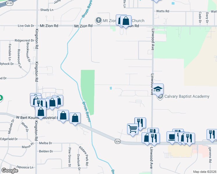 map of restaurants, bars, coffee shops, grocery stores, and more near 448-598 Kennie Road in Shreveport