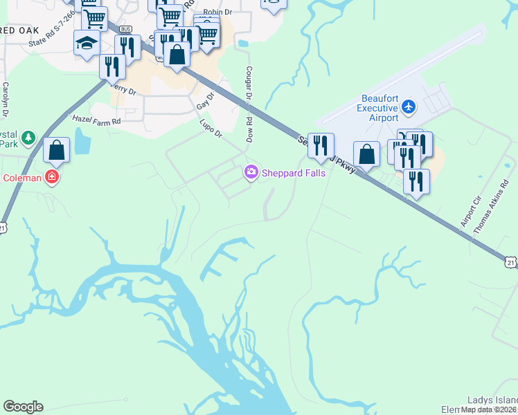 map of restaurants, bars, coffee shops, grocery stores, and more near 11 ShadeTree Lane in Lady's Island
