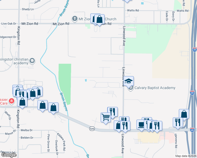map of restaurants, bars, coffee shops, grocery stores, and more near 448 Kennie Road in Shreveport