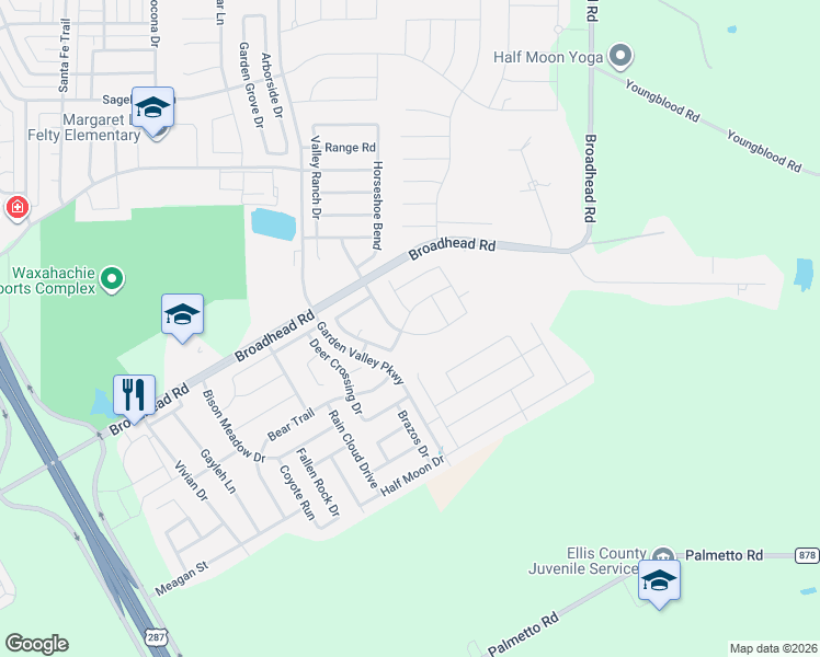 map of restaurants, bars, coffee shops, grocery stores, and more near 133 Arrow Wood Road in Waxahachie