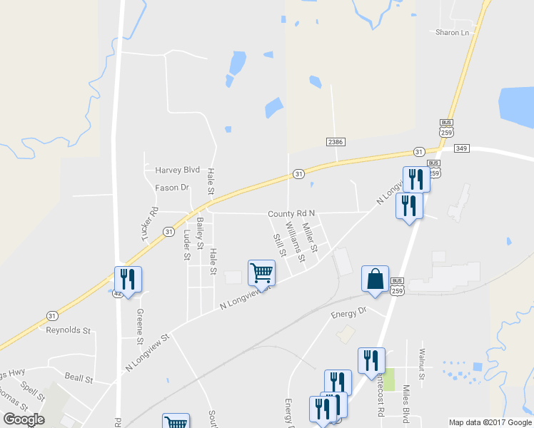 map of restaurants, bars, coffee shops, grocery stores, and more near 2008 County Road North in Kilgore