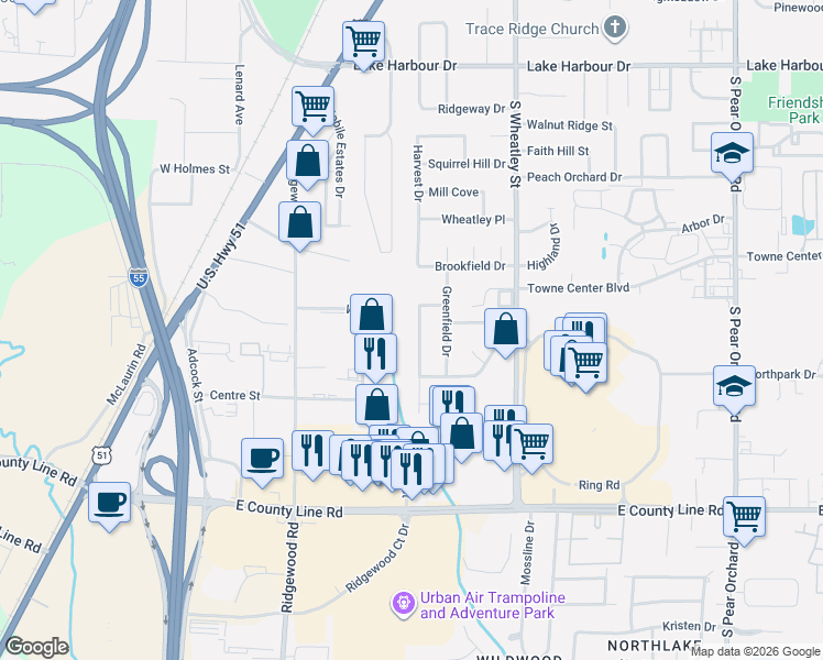 map of restaurants, bars, coffee shops, grocery stores, and more near 705 Greenbrook Drive in Ridgeland
