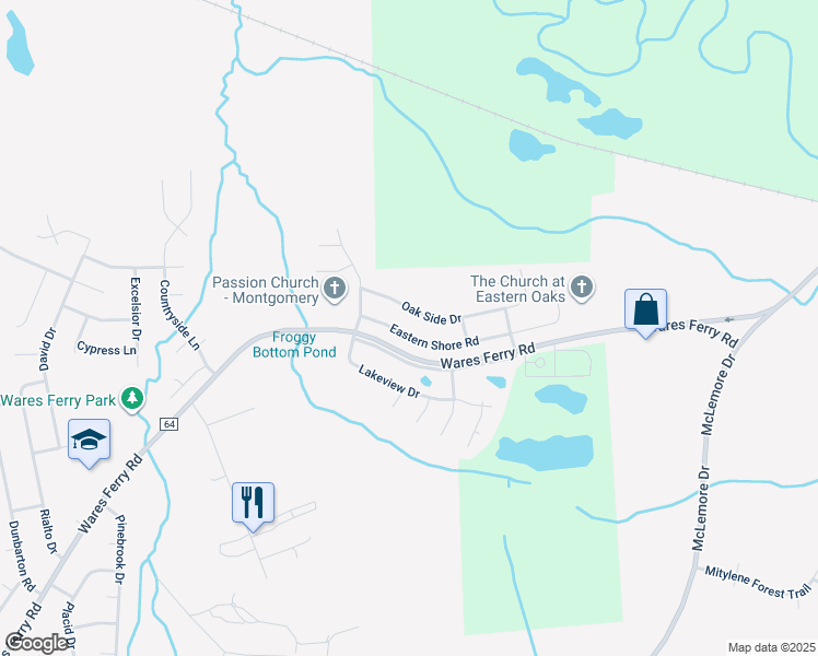 map of restaurants, bars, coffee shops, grocery stores, and more near 6936 Oak Side Drive in Montgomery