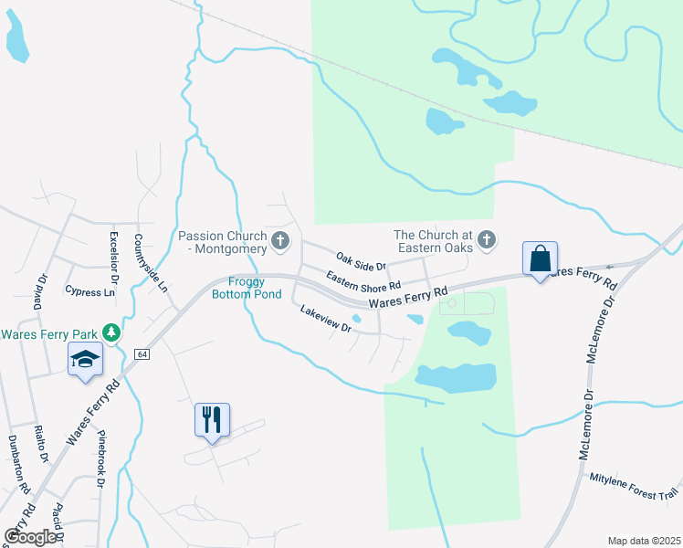 map of restaurants, bars, coffee shops, grocery stores, and more near 6936 Oak Side Drive in Montgomery