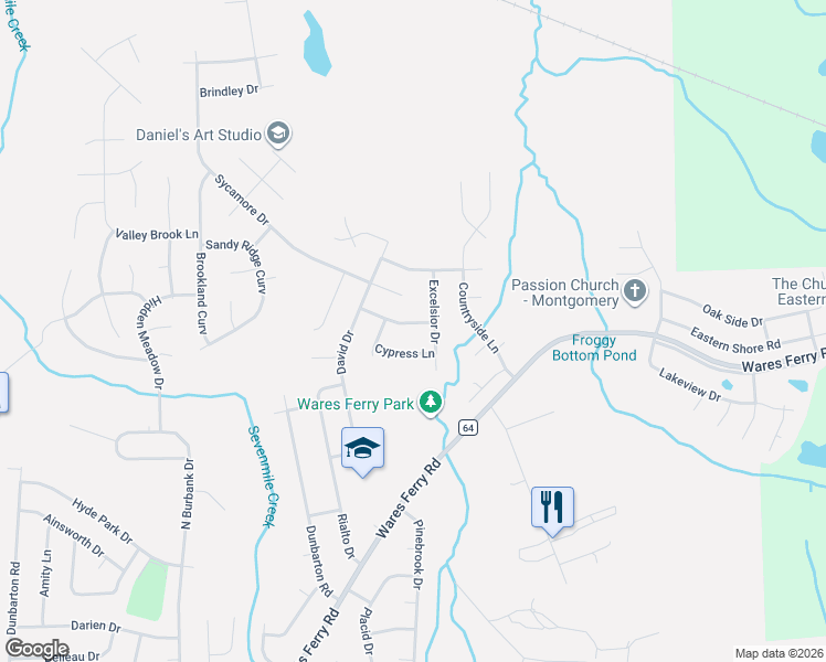 map of restaurants, bars, coffee shops, grocery stores, and more near 6525 Juniper Tree Lane in Montgomery