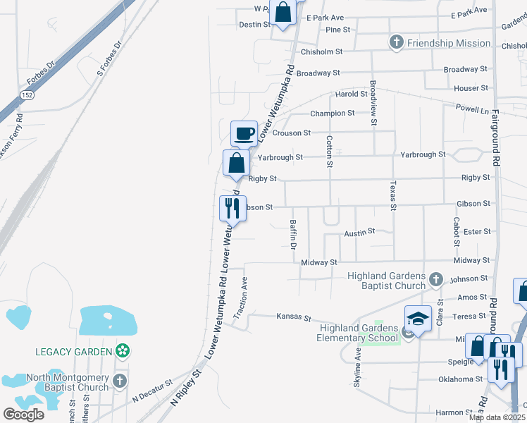 map of restaurants, bars, coffee shops, grocery stores, and more near 1541 Gibson Street in Montgomery