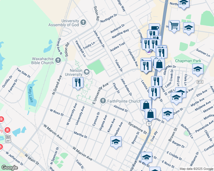 map of restaurants, bars, coffee shops, grocery stores, and more near 501 East University Avenue in Waxahachie