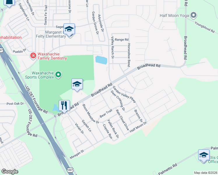 map of restaurants, bars, coffee shops, grocery stores, and more near 309 Adwood Drive in Waxahachie