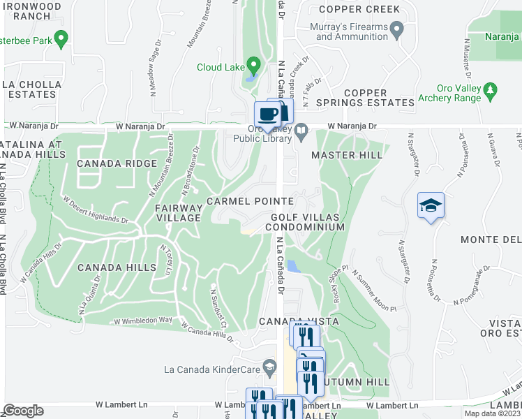 map of restaurants, bars, coffee shops, grocery stores, and more near 1432 West Bridalveil Place in Oro Valley