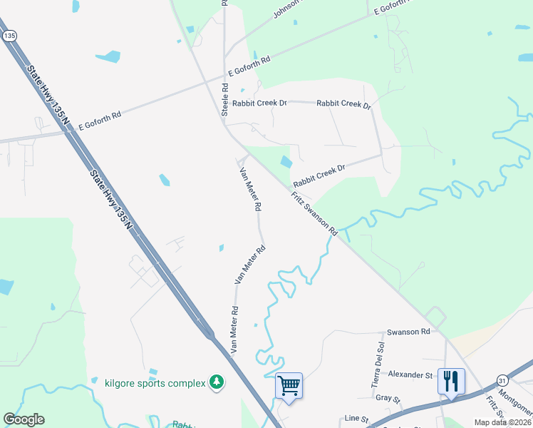 map of restaurants, bars, coffee shops, grocery stores, and more near 2909 Van Meter Road in Kilgore