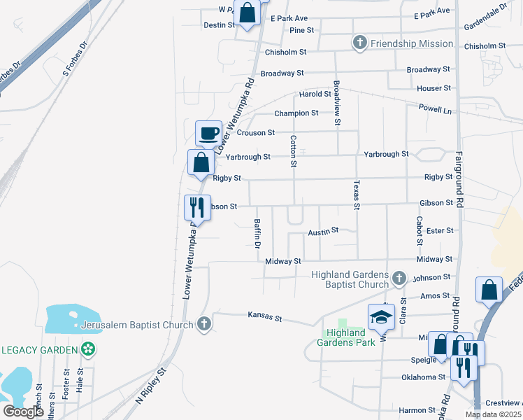map of restaurants, bars, coffee shops, grocery stores, and more near 1602 Gibson Street in Montgomery
