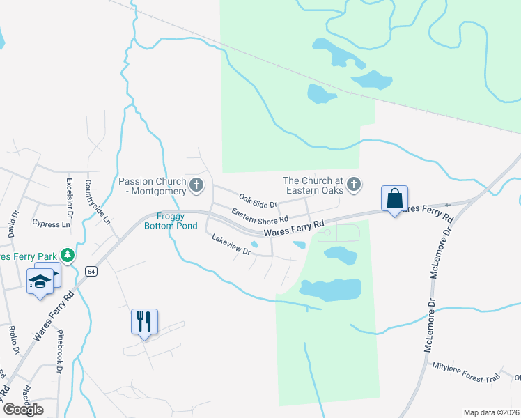 map of restaurants, bars, coffee shops, grocery stores, and more near 6971 Oak Side Drive in Montgomery