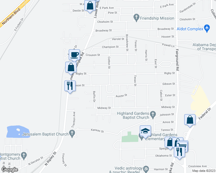 map of restaurants, bars, coffee shops, grocery stores, and more near 1801 Cotton Court in Montgomery