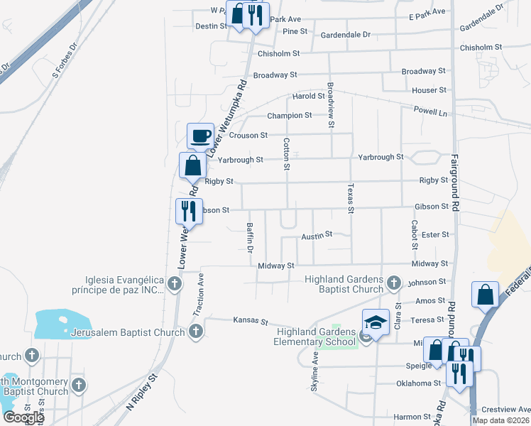 map of restaurants, bars, coffee shops, grocery stores, and more near 3058 George B Edmondson Drive in Montgomery