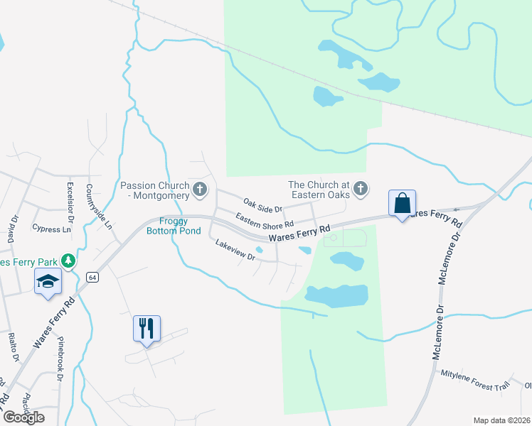 map of restaurants, bars, coffee shops, grocery stores, and more near 6971 Oak Side Drive in Montgomery