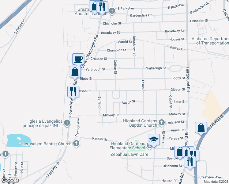 map of restaurants, bars, coffee shops, grocery stores, and more near 1637 Gibson Street in Montgomery