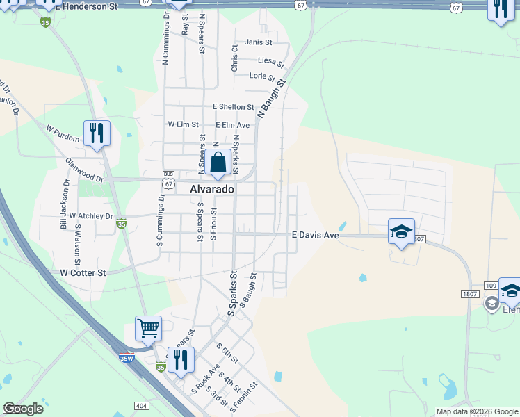 map of restaurants, bars, coffee shops, grocery stores, and more near 400 East Weaver Avenue in Alvarado
