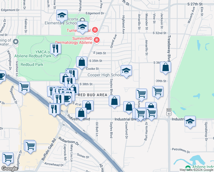 map of restaurants, bars, coffee shops, grocery stores, and more near 2317 South 38th Street in Abilene