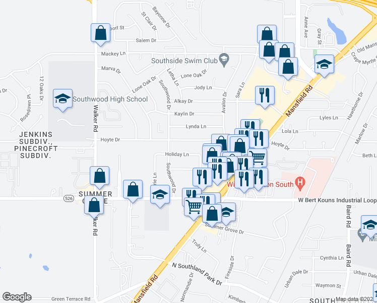 map of restaurants, bars, coffee shops, grocery stores, and more near 2832 Holiday Lane in Shreveport