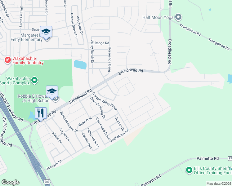map of restaurants, bars, coffee shops, grocery stores, and more near 133 Arrow Wood Road in Waxahachie