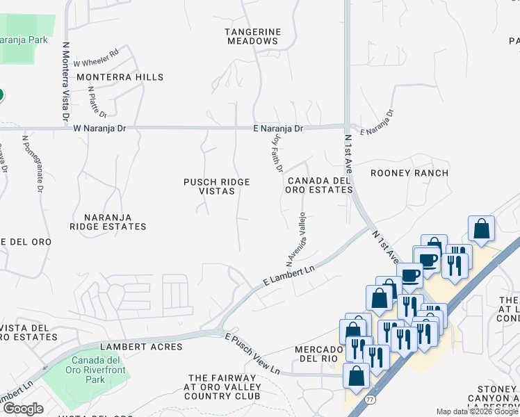 map of restaurants, bars, coffee shops, grocery stores, and more near 10998 North Pusch Ridge View Place in Tucson