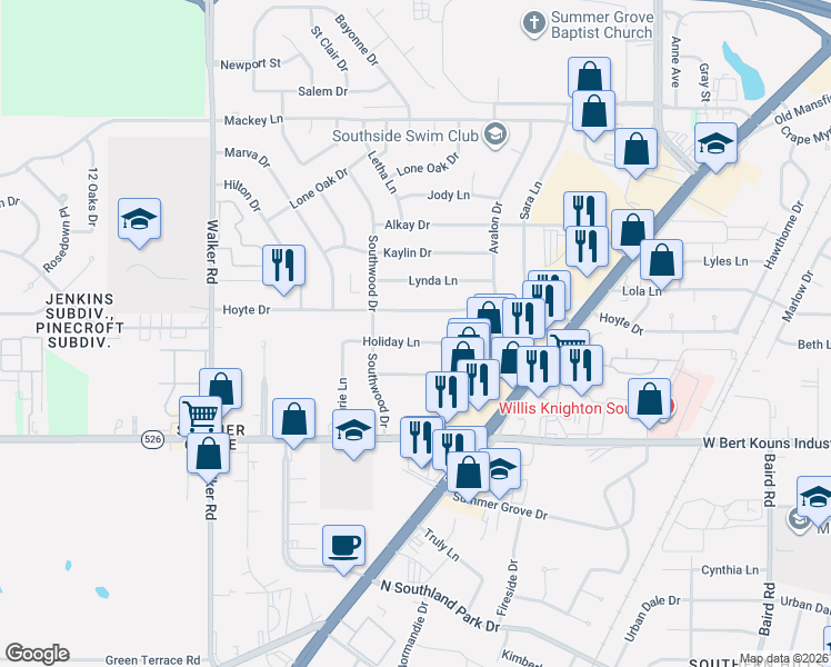 map of restaurants, bars, coffee shops, grocery stores, and more near 2845 Hoyte Drive in Shreveport