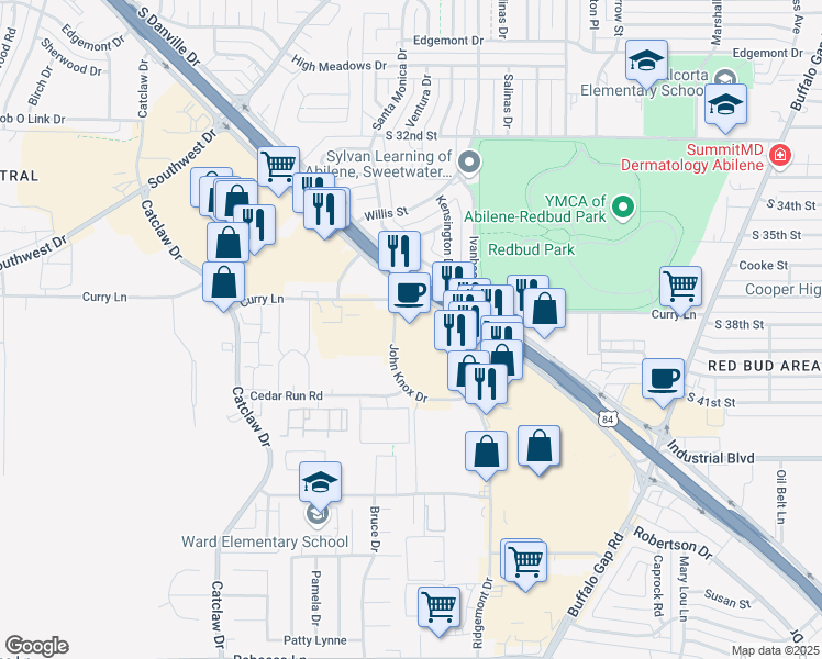 map of restaurants, bars, coffee shops, grocery stores, and more near 3710 Ridgemont Drive in Abilene