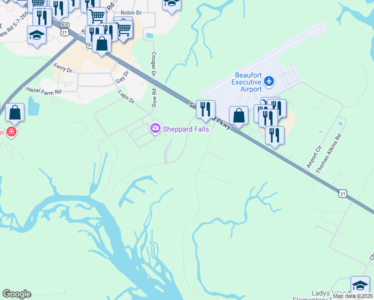 map of restaurants, bars, coffee shops, grocery stores, and more near 26 Little Creek Road in Beaufort