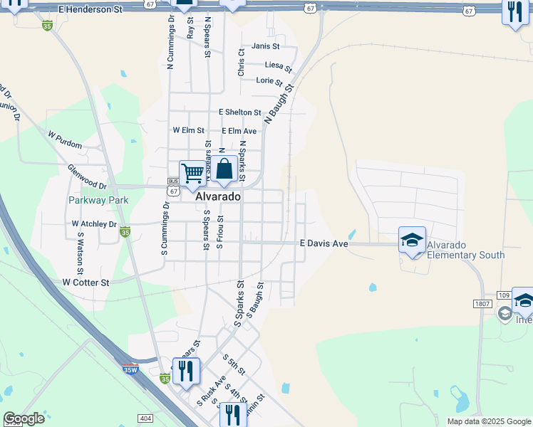 map of restaurants, bars, coffee shops, grocery stores, and more near 400 East Weaver Avenue in Alvarado