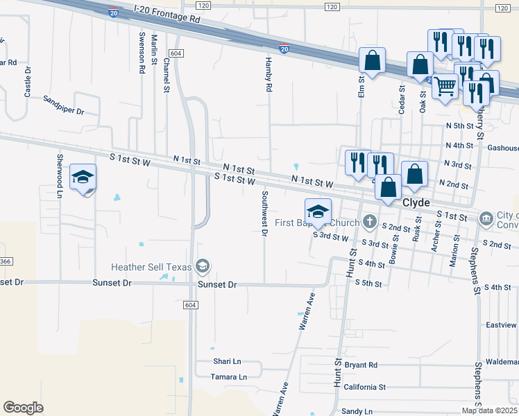map of restaurants, bars, coffee shops, grocery stores, and more near 204 Southwest Drive in Clyde
