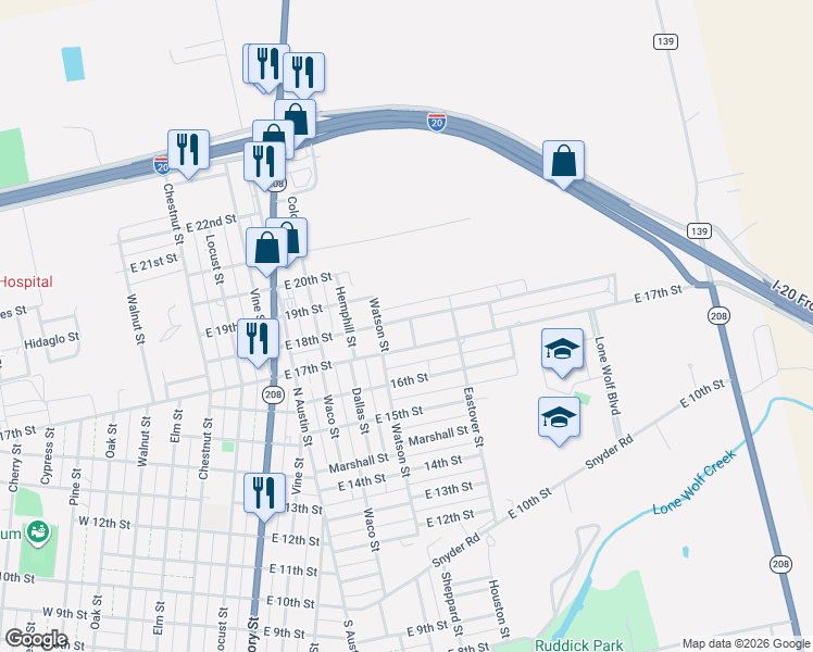 map of restaurants, bars, coffee shops, grocery stores, and more near 904 East 18th Street in Colorado City