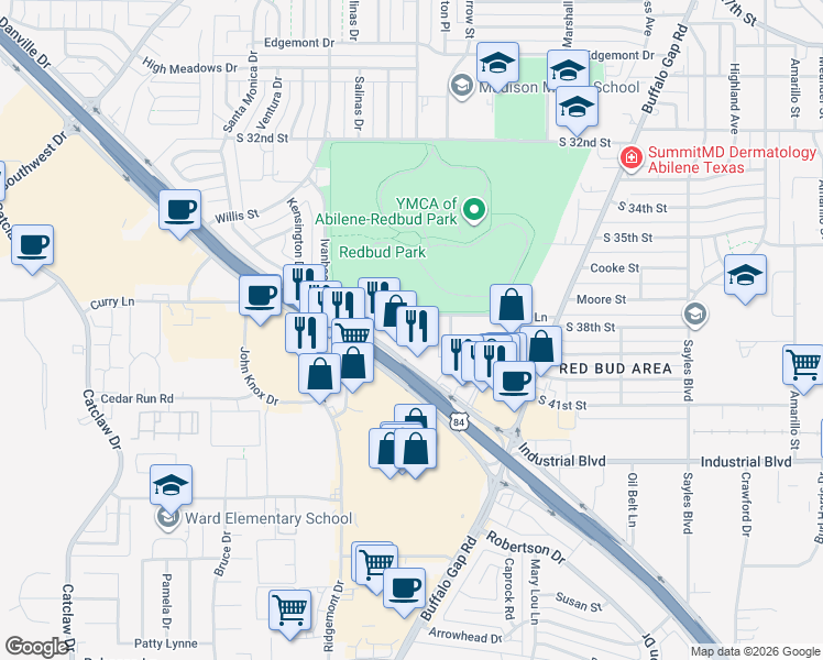 map of restaurants, bars, coffee shops, grocery stores, and more near 3175 Curry Lane in Abilene