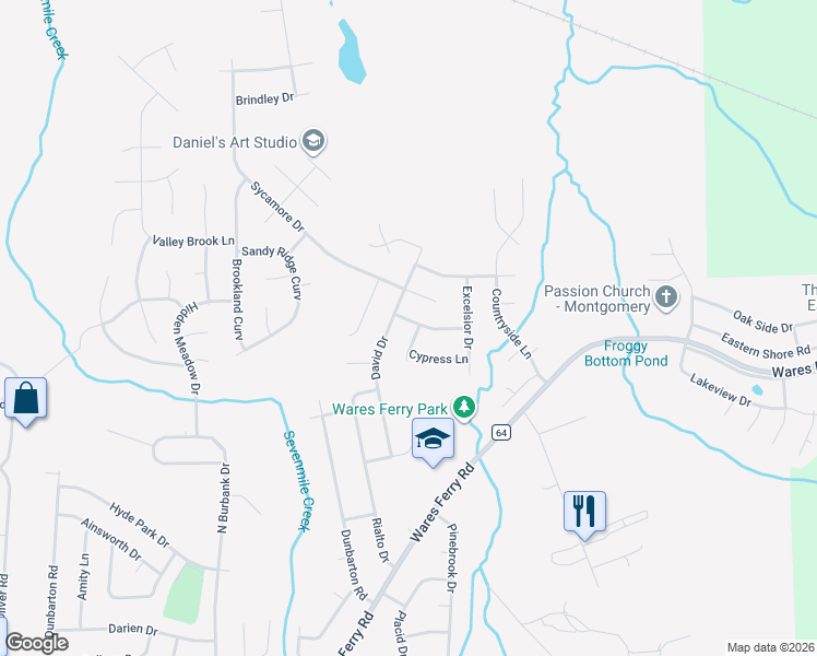 map of restaurants, bars, coffee shops, grocery stores, and more near 1028 David Drive in Montgomery