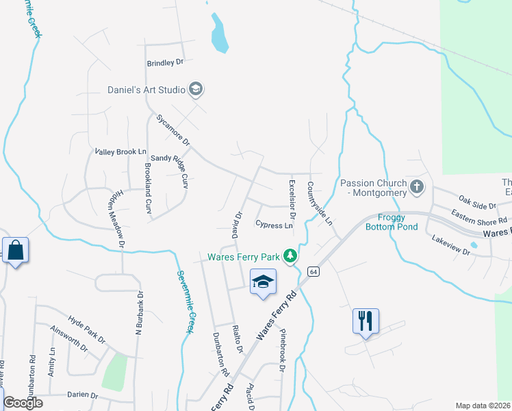 map of restaurants, bars, coffee shops, grocery stores, and more near 1028 David Drive in Montgomery