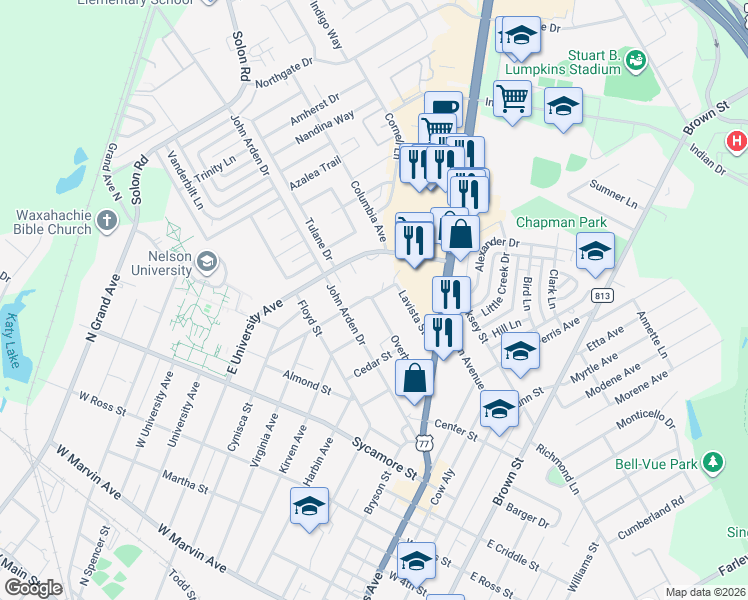 map of restaurants, bars, coffee shops, grocery stores, and more near 210 Greenbrier Street in Waxahachie