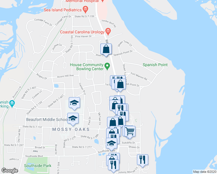 map of restaurants, bars, coffee shops, grocery stores, and more near 2202 1st Boulevard in Beaufort