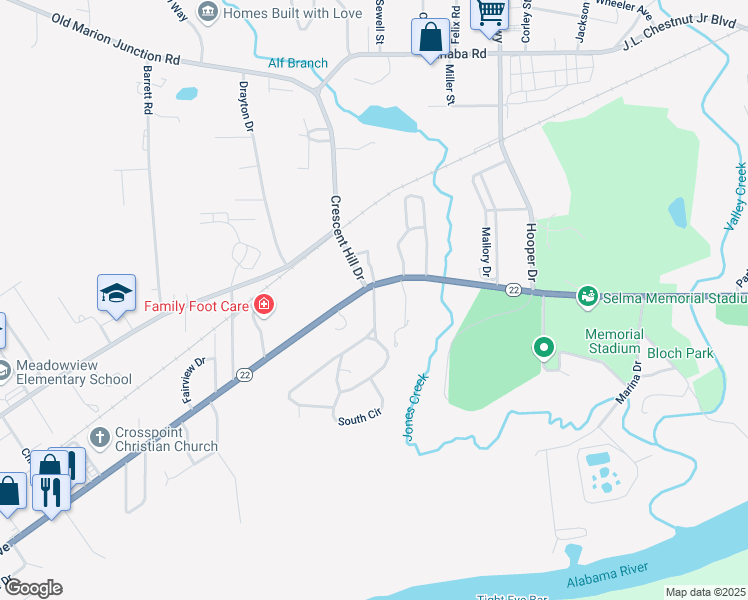 map of restaurants, bars, coffee shops, grocery stores, and more near 800 Houston Park in Selma