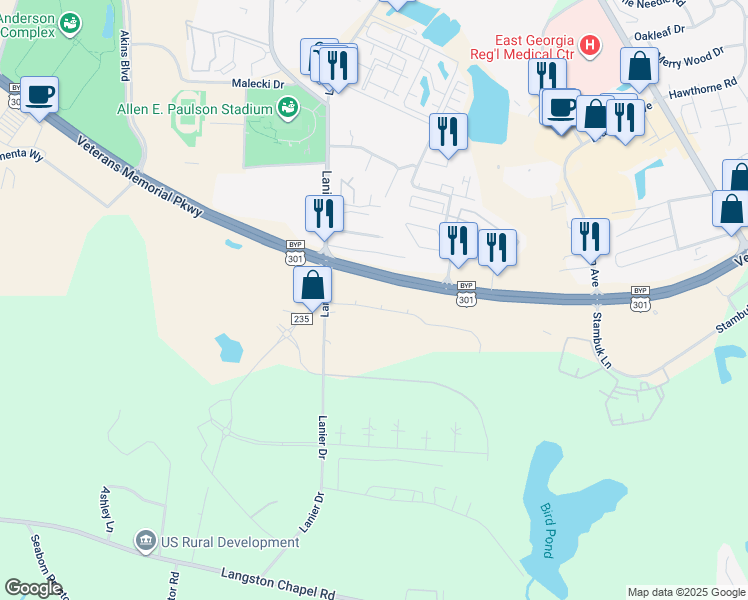 map of restaurants, bars, coffee shops, grocery stores, and more near 230 Lanier Drive in Statesboro