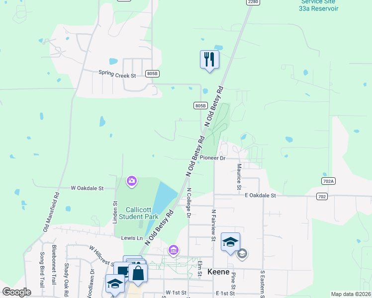 map of restaurants, bars, coffee shops, grocery stores, and more near 702 North Old Betsy Road in Cleburne