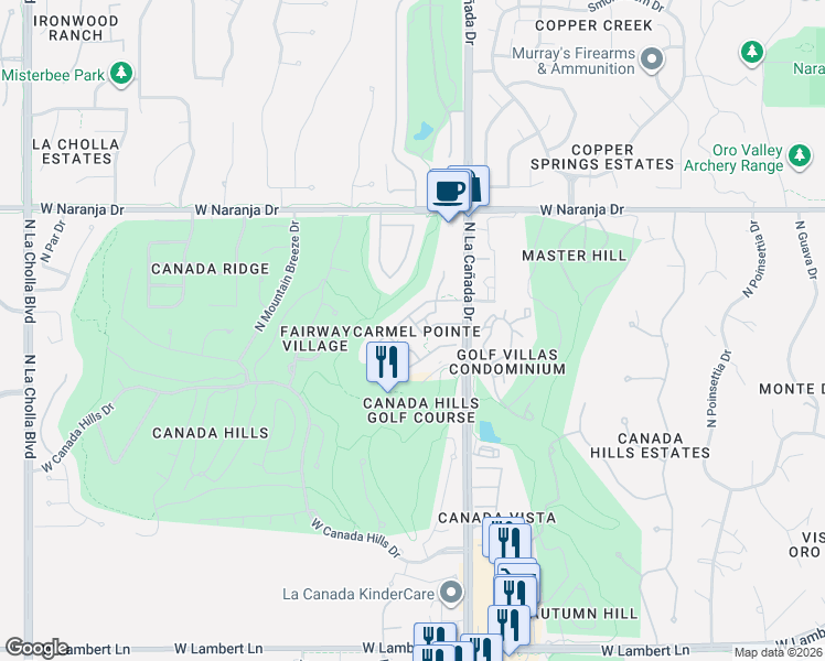 map of restaurants, bars, coffee shops, grocery stores, and more near 1522 West Carmel Pointe Drive in Tucson