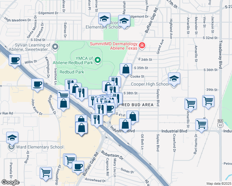 map of restaurants, bars, coffee shops, grocery stores, and more near 3802 Buffalo Gap Road in Abilene