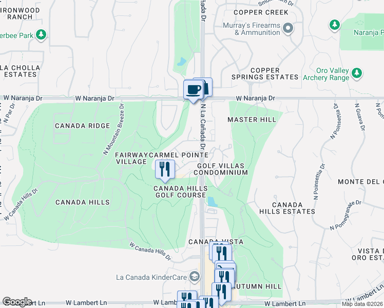 map of restaurants, bars, coffee shops, grocery stores, and more near 1442 West Cathedral Way in Oro Valley
