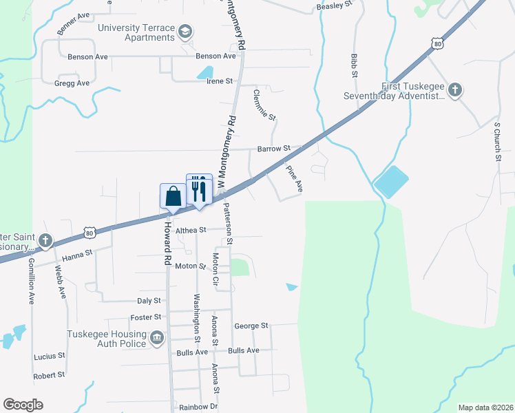 map of restaurants, bars, coffee shops, grocery stores, and more near 199 Locust Ave in Tuskegee