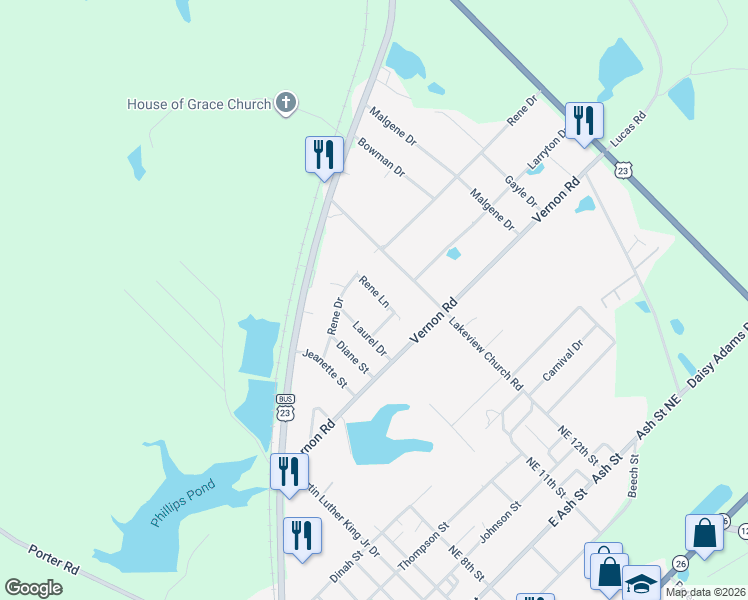 map of restaurants, bars, coffee shops, grocery stores, and more near 127 Rene Lane in Cochran