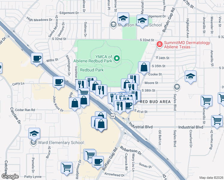 map of restaurants, bars, coffee shops, grocery stores, and more near 3041 Curry Lane in Abilene