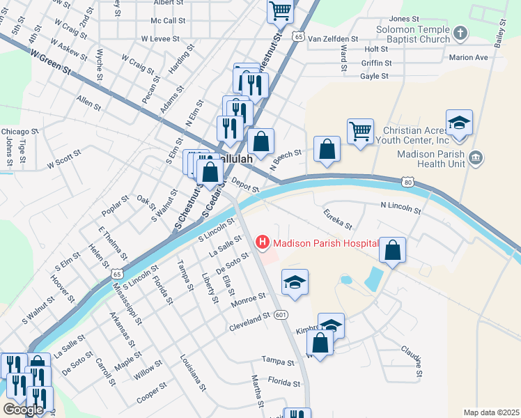 map of restaurants, bars, coffee shops, grocery stores, and more near 100-198 South Lincoln Street in Tallulah