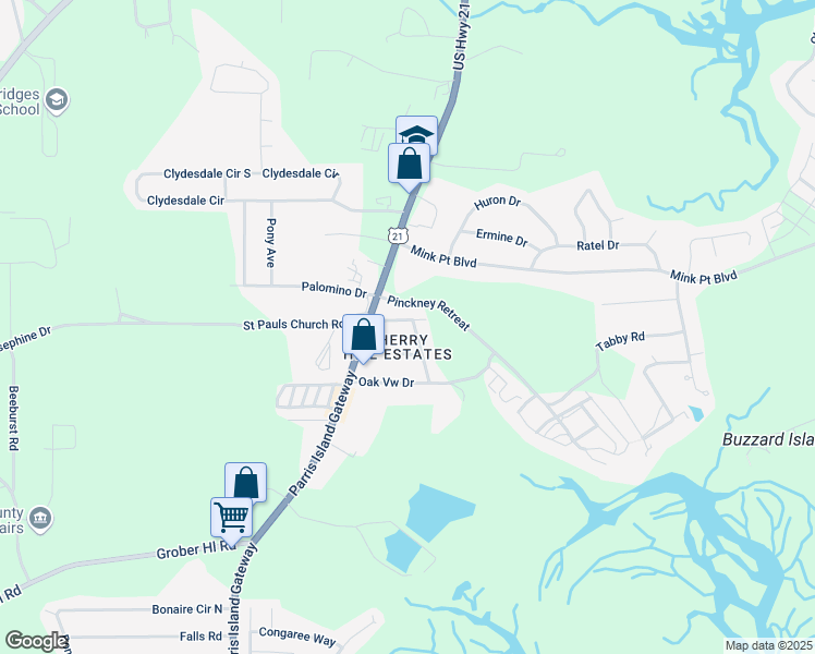 map of restaurants, bars, coffee shops, grocery stores, and more near 3006 Cherry Boulevard in Beaufort