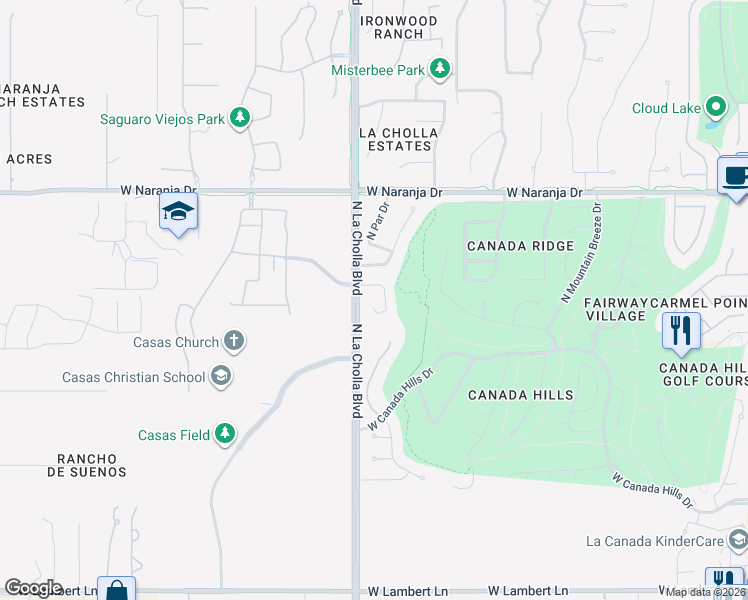 map of restaurants, bars, coffee shops, grocery stores, and more near 10906 North Double Eagle Court in Oro Valley